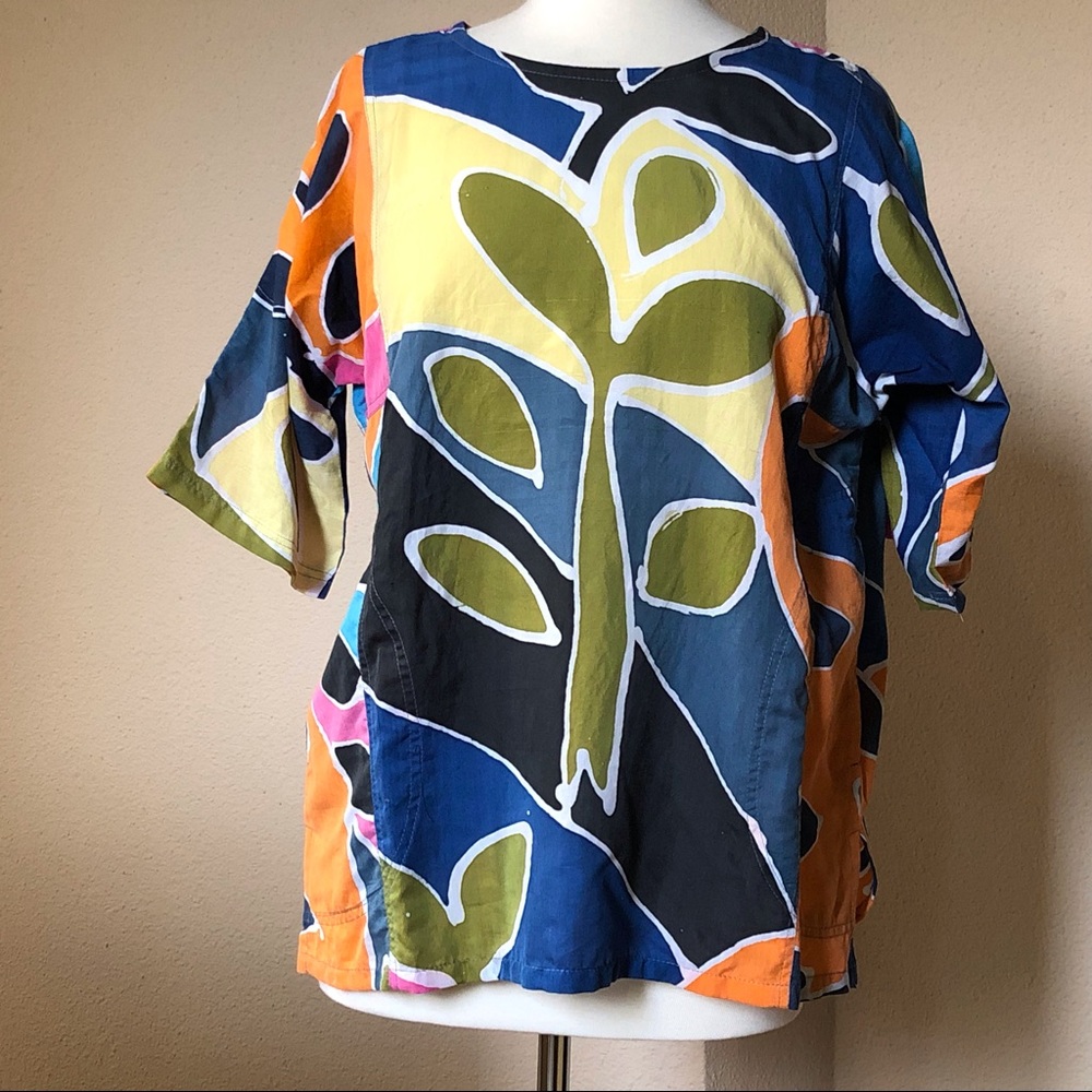 NEW Silk Tropical Print Boho Top Blue Multi Sz S/M